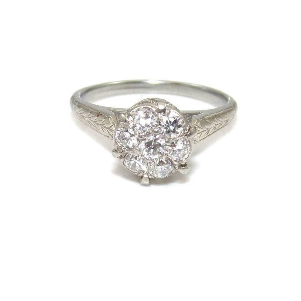 VTG 18K White Gold 1/3 ct Natural Diamond Cluster Solitaire Engagement Ring 6